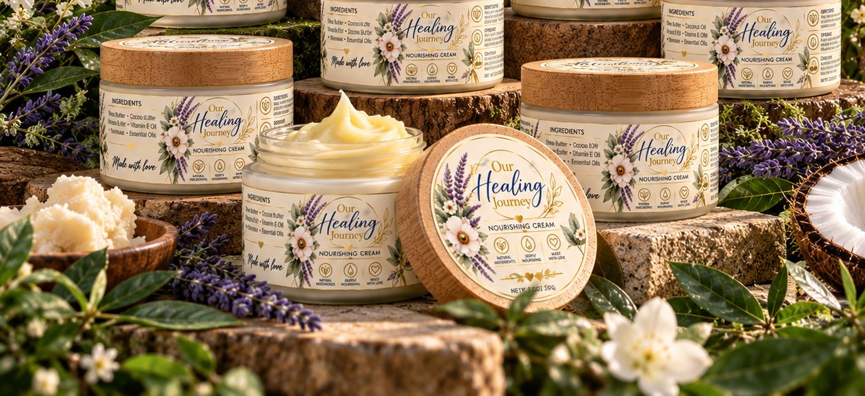 Our Healing Journey jars among lavender and greenery