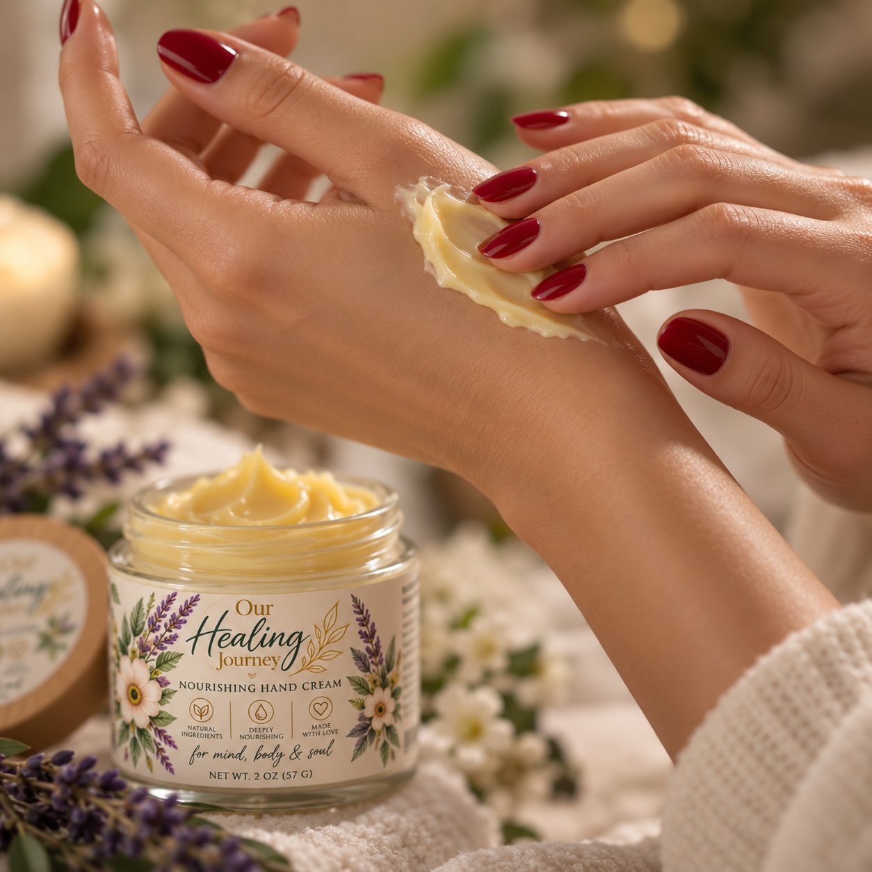 Hands massaging Our Healing Journey cream into the back of a hand